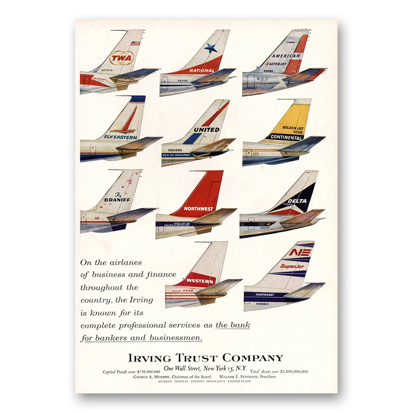 1964 Irving Trust Company Airlines of Business Tails Vintage Magazine Print Ad