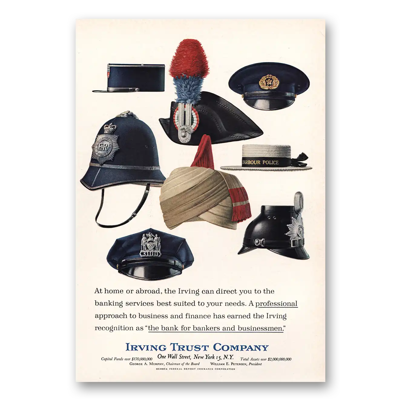 1964 Irving Trust Company At Home or Abroad Hats Vintage Magazine Print Ad