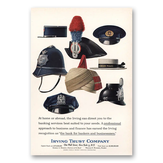 1964 Irving Trust Company At Home or Abroad Hats Vintage Magazine Print Ad