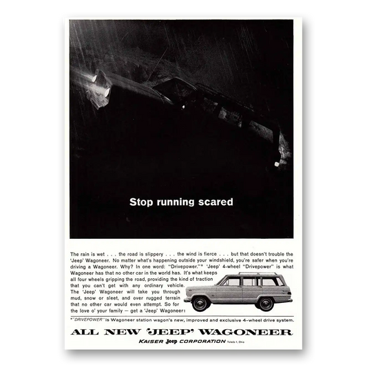 1964 Jeep Wagoneer Stop Running Scared Vintage Magazine Print Ad