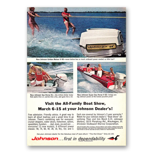 1964 Johnson Sea Horse Motors Visit the All Family Boat Show Vintage Magazine Print Ad