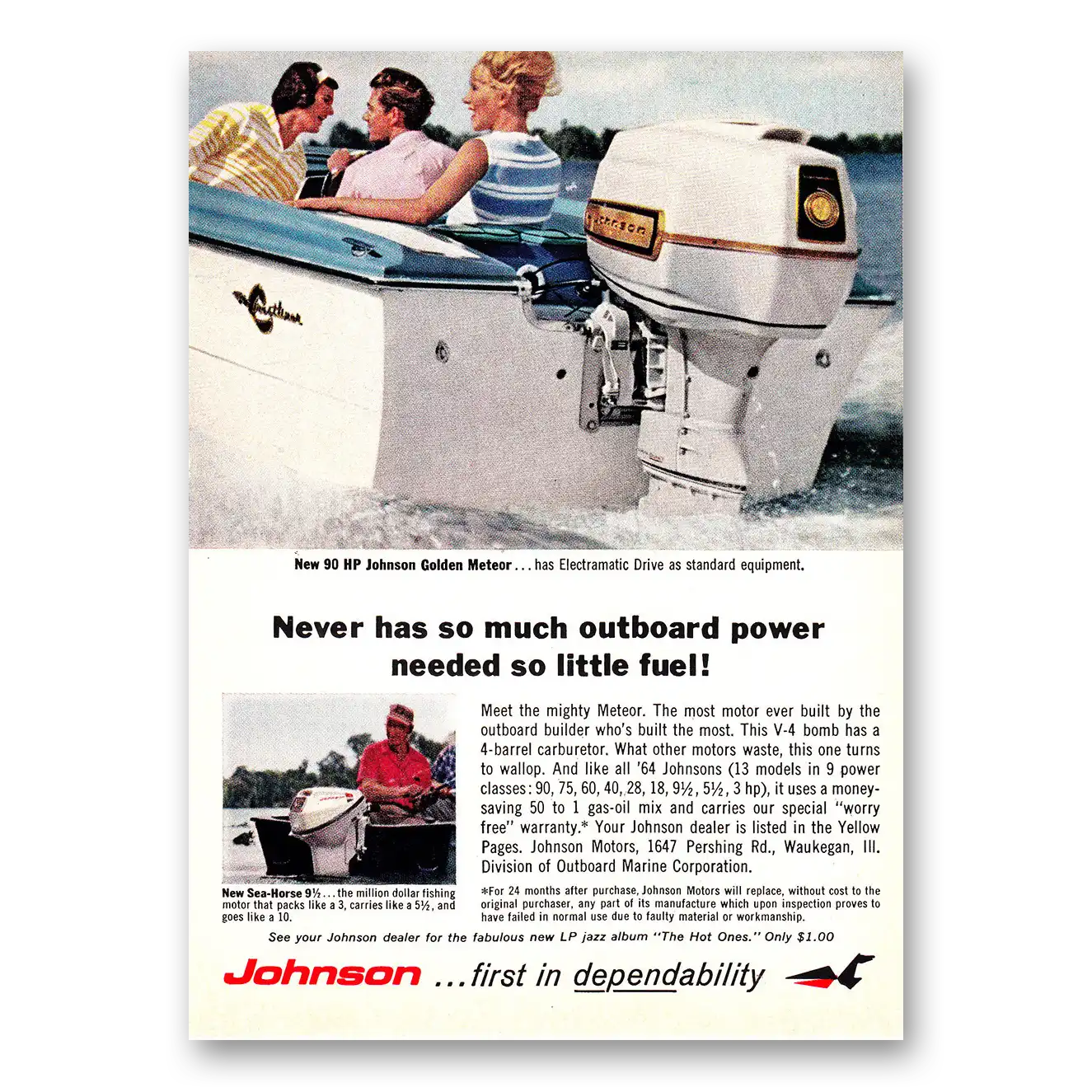 1964 Johnson Sea Horse Motors Never Has So Much Outboard Power Needed Vintage Magazine Print Ad