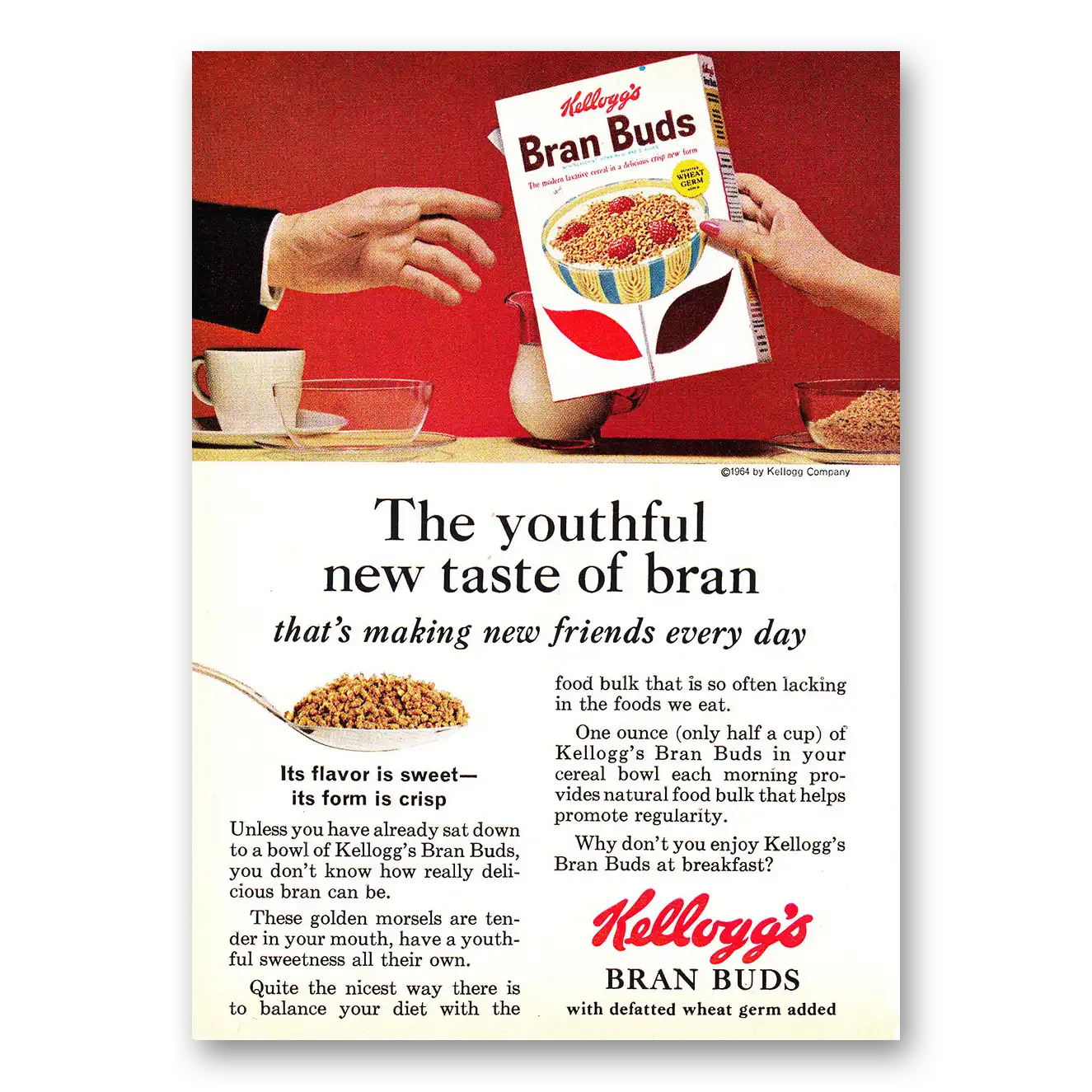 1964 Kelloggs Bran Buds Cereal Youthful New Taste of Bran Vintage Magazine Print Ad