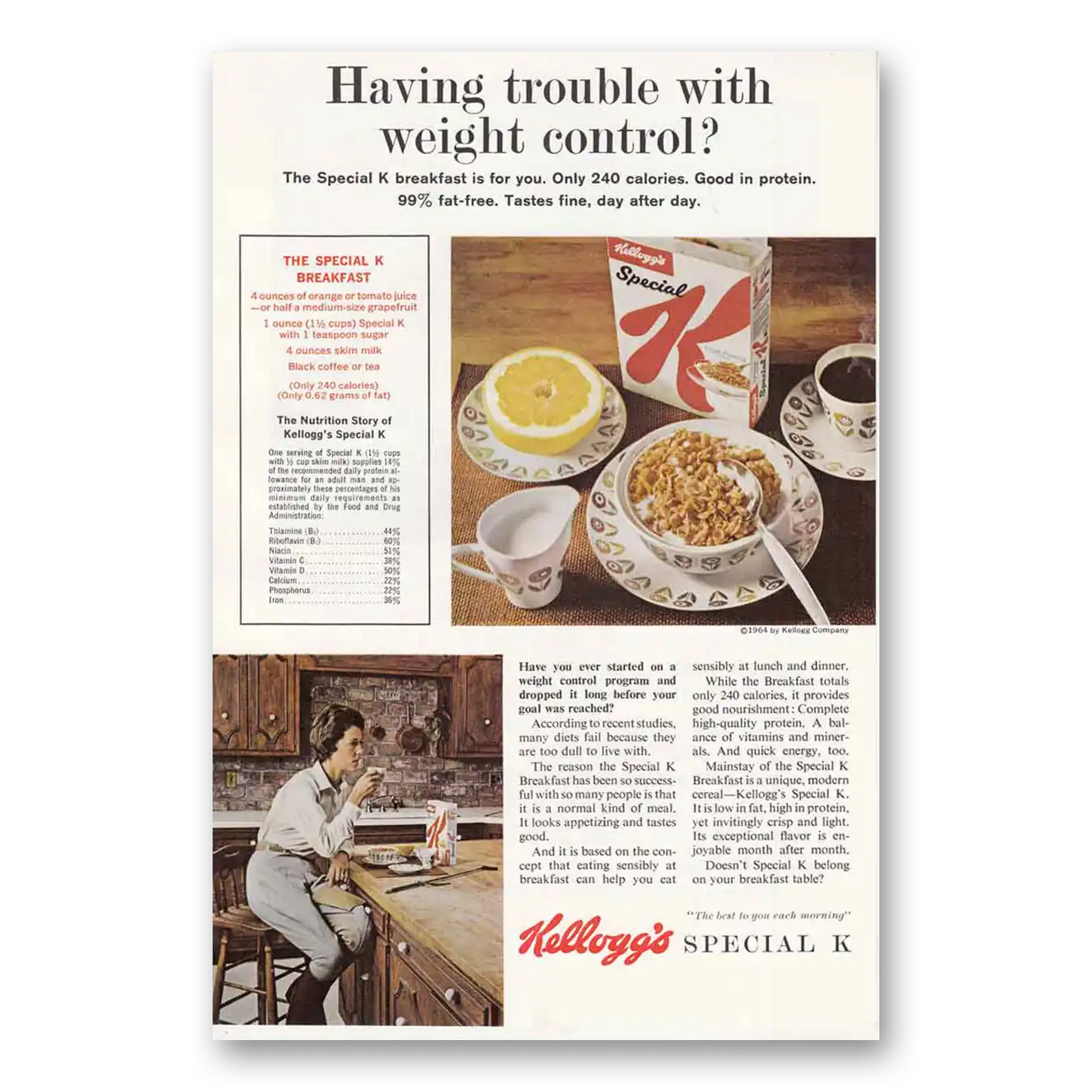 1964 Kelloggs Special K Weight Control Vintage Magazine Print Ad