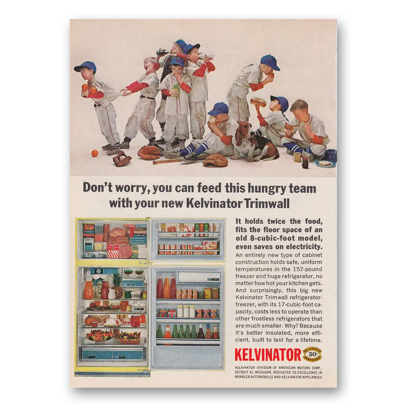 1964 Kelvinator Refrigerator Don't Worry You Can Feed This Hungry Team Vintage Magazine Print Ad