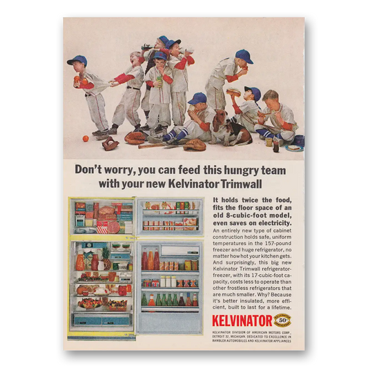 1964 Kelvinator Refrigerator Don't Worry You Can Feed This Hungry Team Vintage Magazine Print Ad