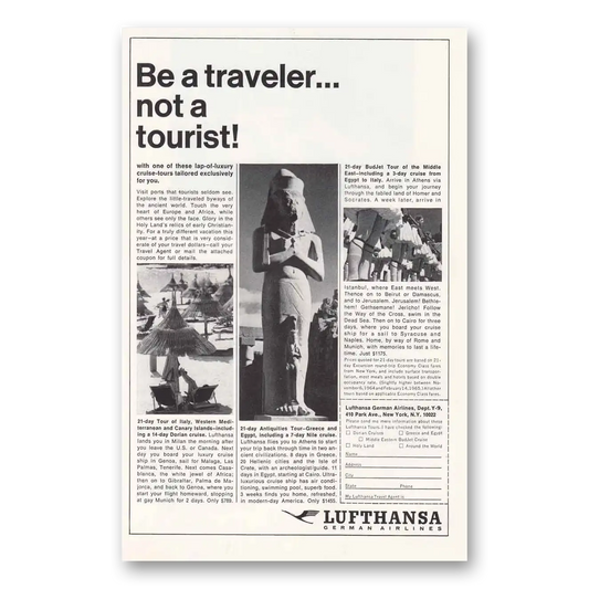 1964 Lufthansa German Airlines Be a Traveler Not a Tourist Vintage Magazine Print Ad