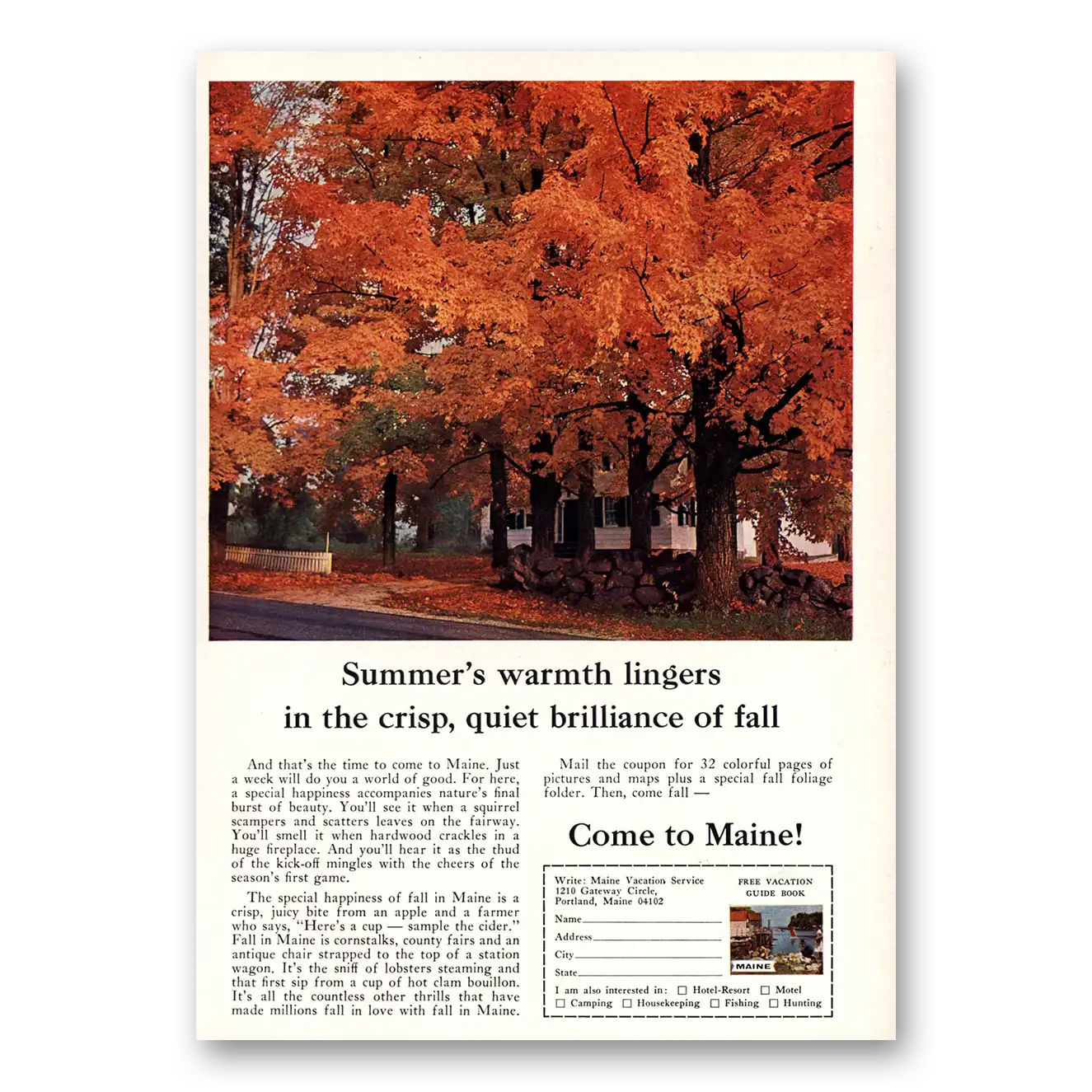 1964 Maine Summers Warmth Lingers Vintage Magazine Print Ad