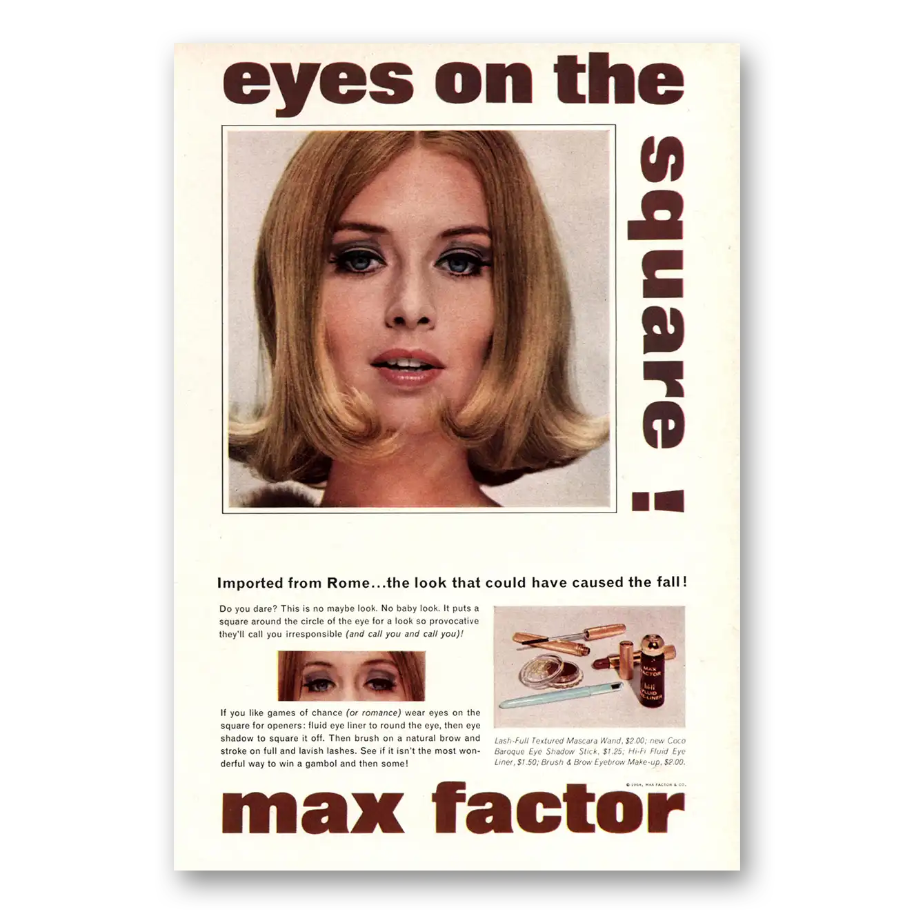 1964 Max Factor Cosmetics Eyes On the Square Vintage Magazine Print Ad