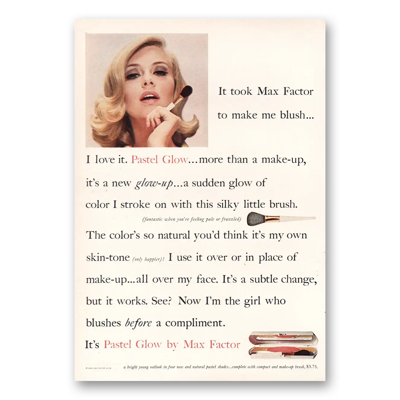 1964 Max Factor Pastel Glow Vintage Magazine Print Ad