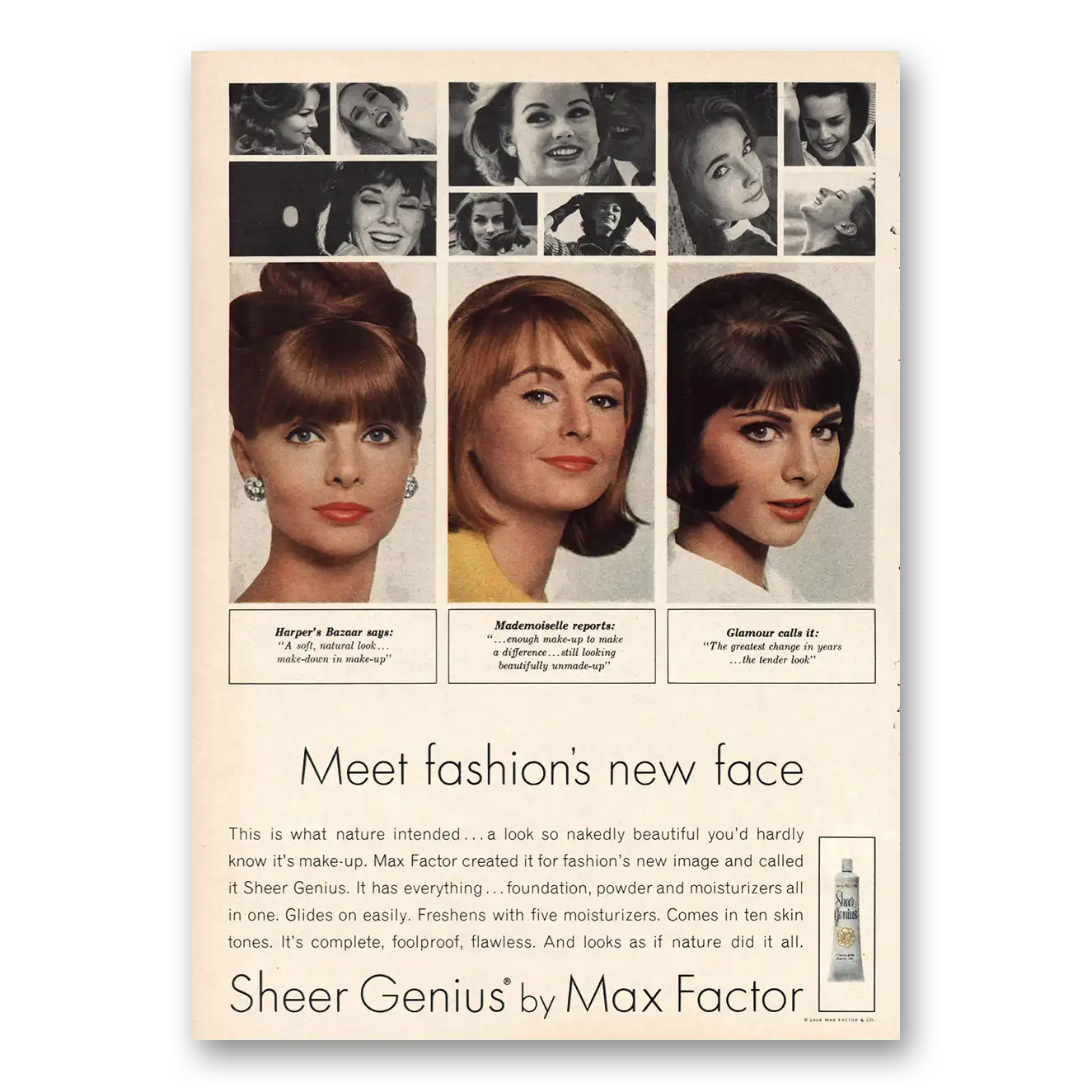 1964 Max Factor Meet Fashions Newest Face Vintage Magazine Print Ad