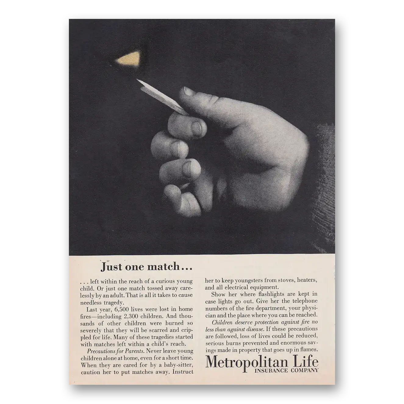 1964 Metropolitan Life Insurance Just One Match Vintage Magazine Print Ad