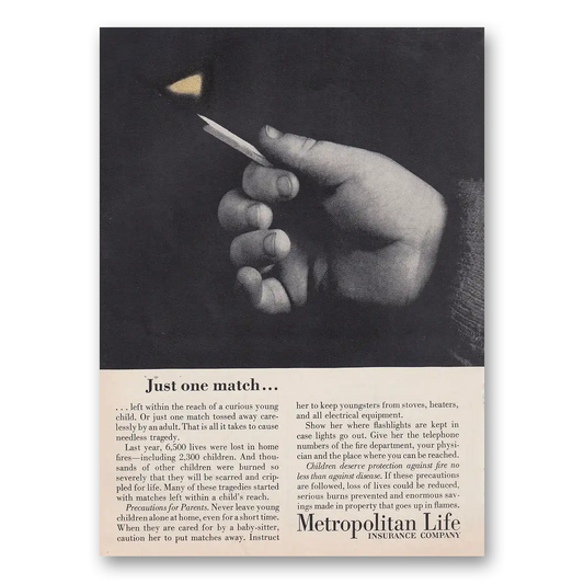 1964 Metropolitan Life Insurance Just One Match Vintage Magazine Print Ad