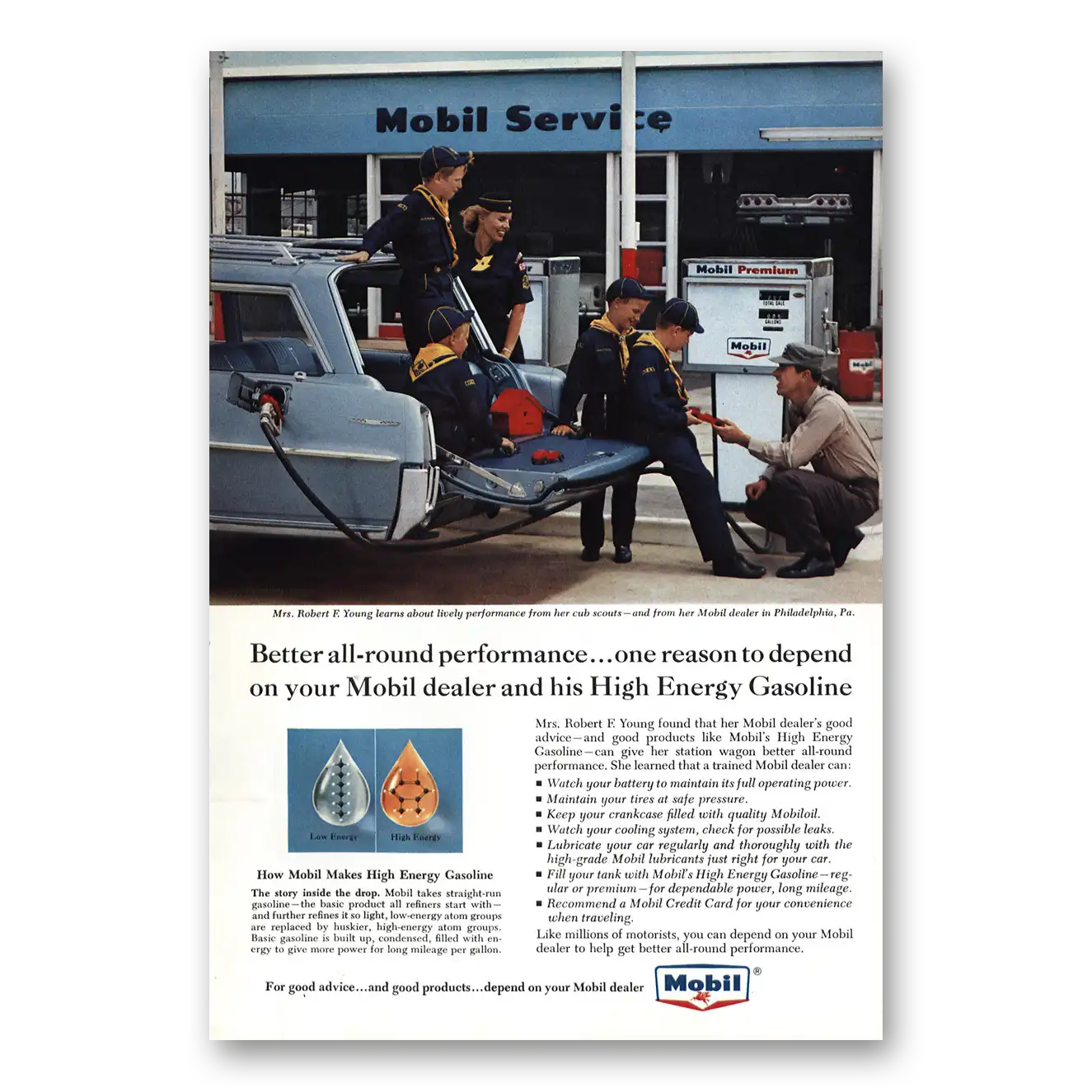 1964 Mobil Mrs Robert F Young and her Cub Scouts Vintage Magazine Print Ad