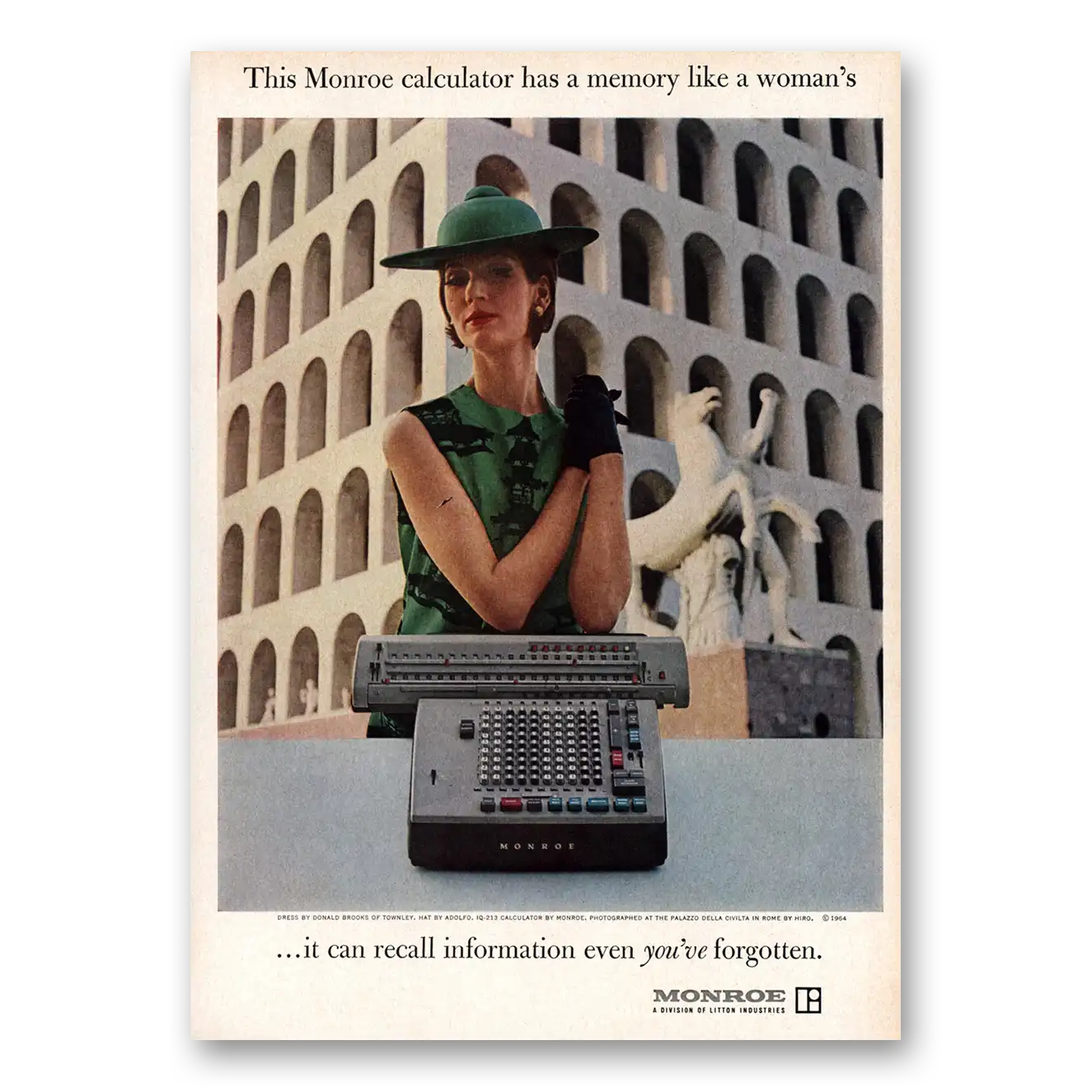 1964 Monroe Calculating Machines Has a Memory Like a Womans Vintage Magazine Print Ad