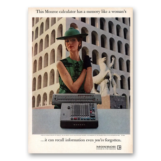 1964 Monroe Calculating Machines Has a Memory Like a Womans Vintage Magazine Print Ad