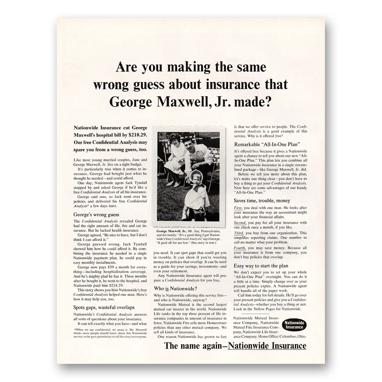 1964 Nationwide Insurance George Maxwell Vintage Magazine Print Ad