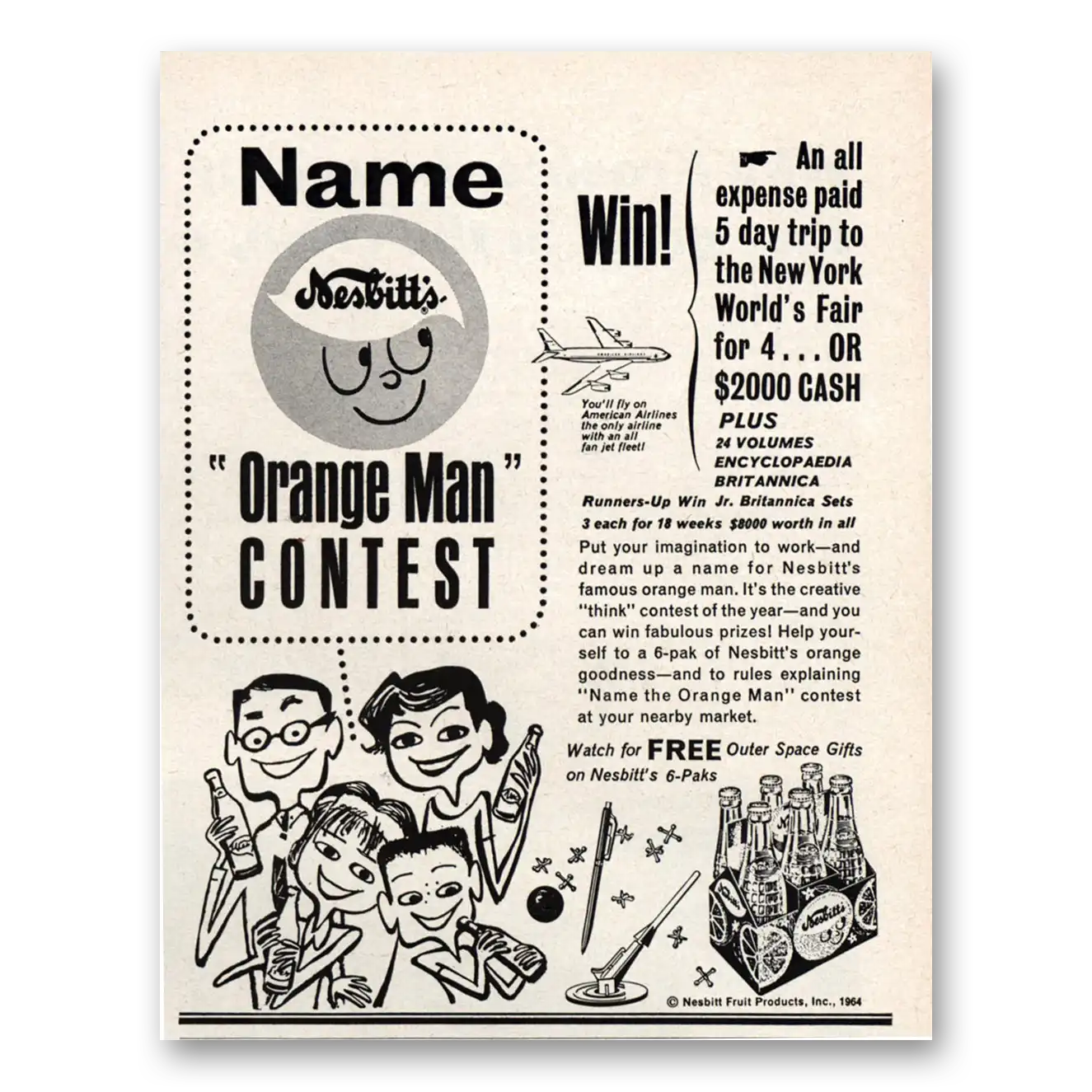 1964 Nesbitts Orange Drink Name Orange Man Contest Vintage Magazine Print Ad