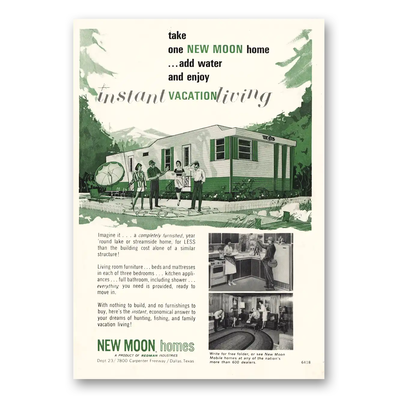 1964 New Moon Homes Take One New Moon Home Add Water Vintage Magazine Print Ad