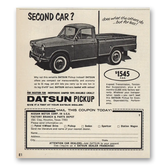 1964 Datsun Pickup Second Car Vintage Magazine Print Ad