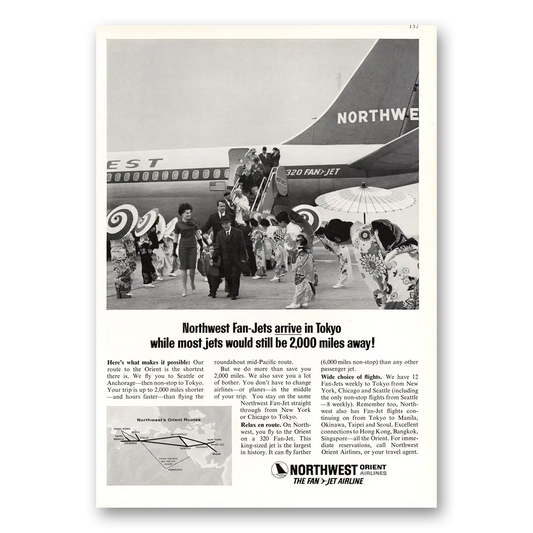 1964 Northwest Orient Airlines Fan Jets Arrive In Tokyo Vintage Magazine Print Ad