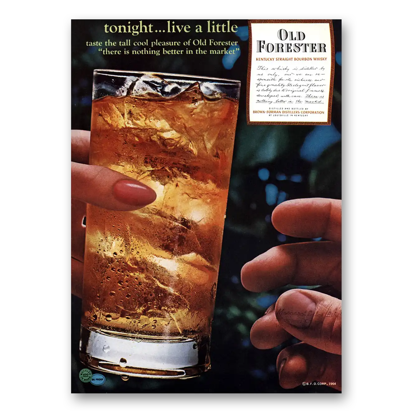 1964 Old Forester Whisky Tonight Live a Little Vintage Magazine Print Ad