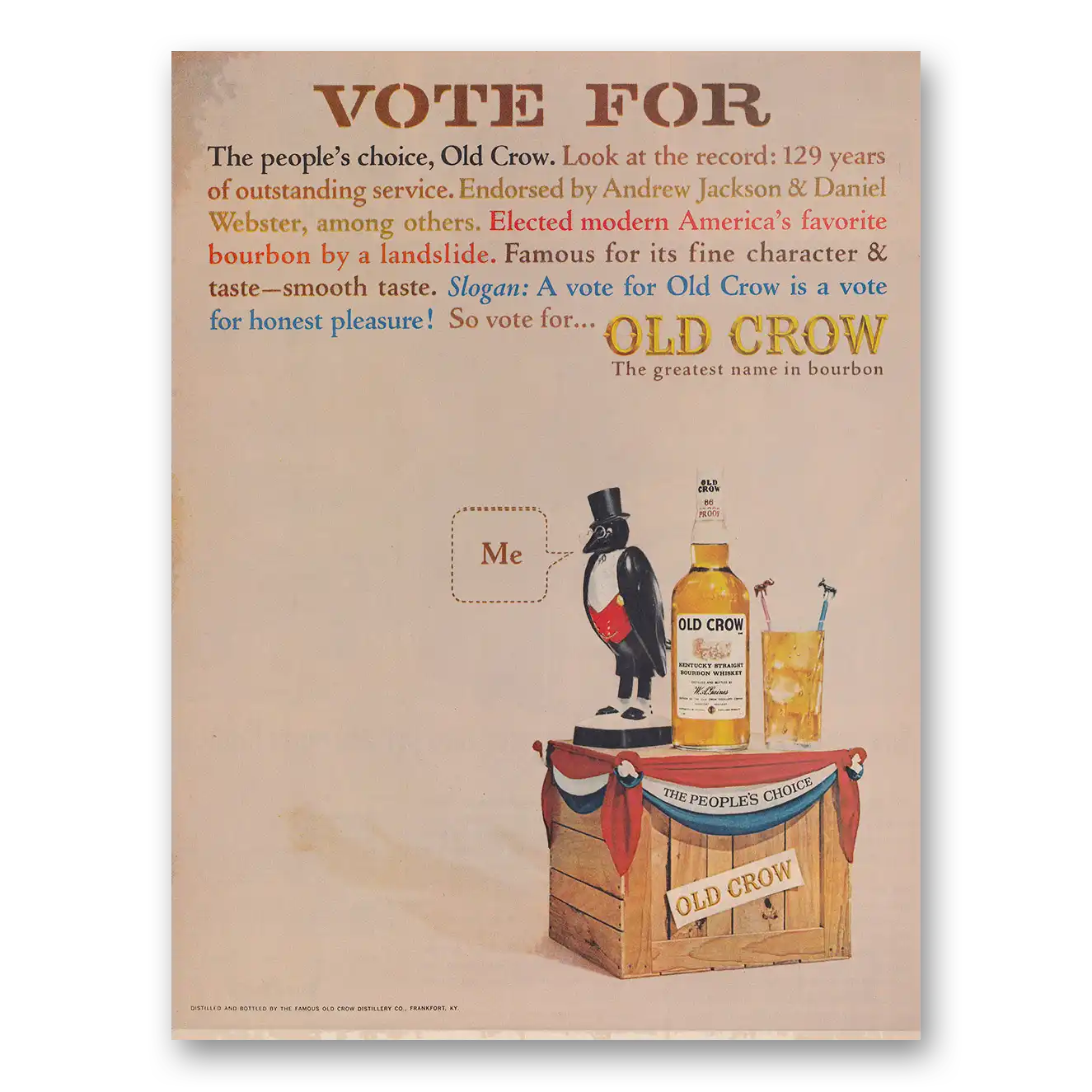 1964 Old Crow Whiskey Vote for the Peoples Choice Vintage Magazine Print Ad