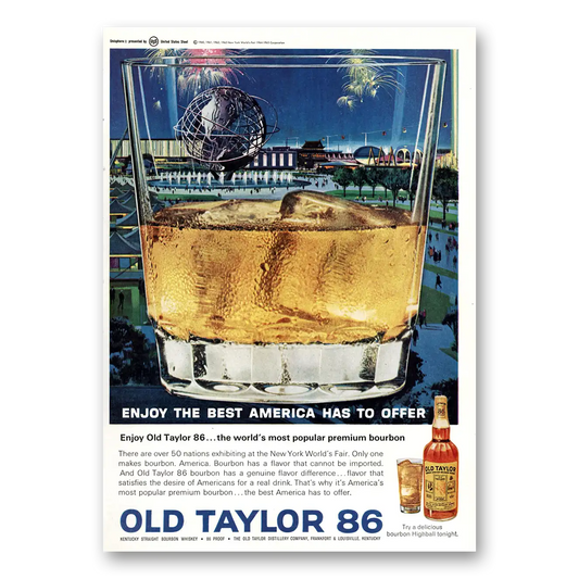 1964 Old Taylor Bourbon Whiskey Unisphere New York Worlds Fair Vintage Magazine Print Ad