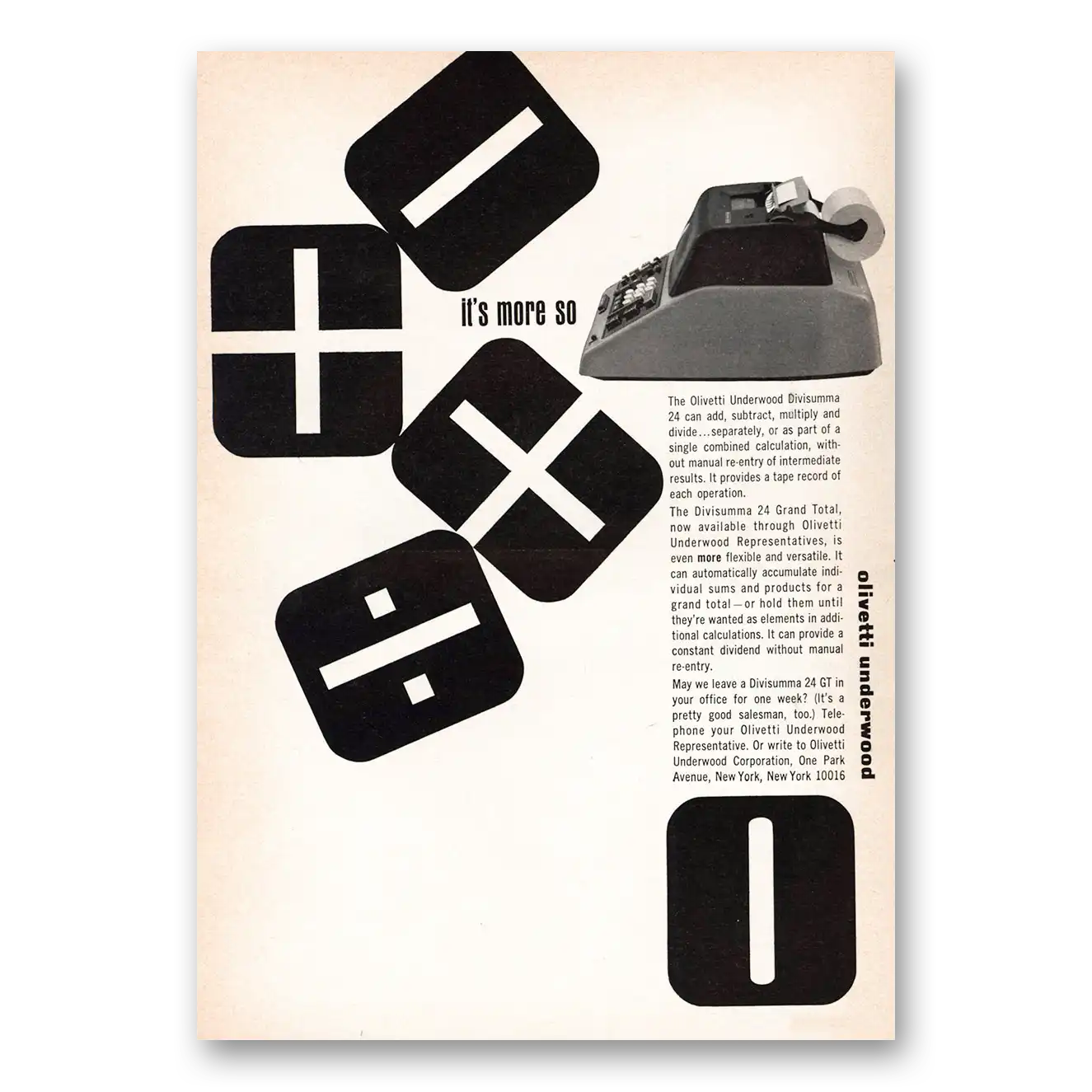 1964 Olivetti Adding Machine Underwood Divisumma Adding Machine Vintage Magazine Print Ad