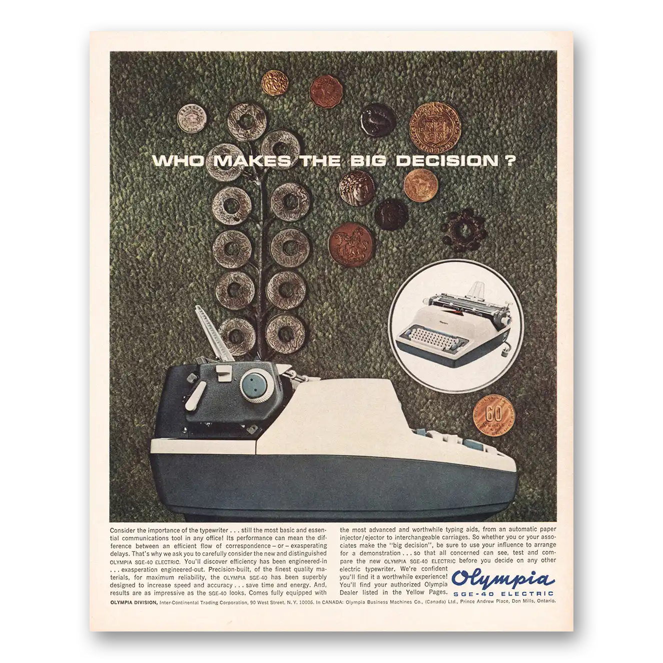 1964 Olympia Typewriter Who Makes the Big Decision Vintage Magazine Print Ad