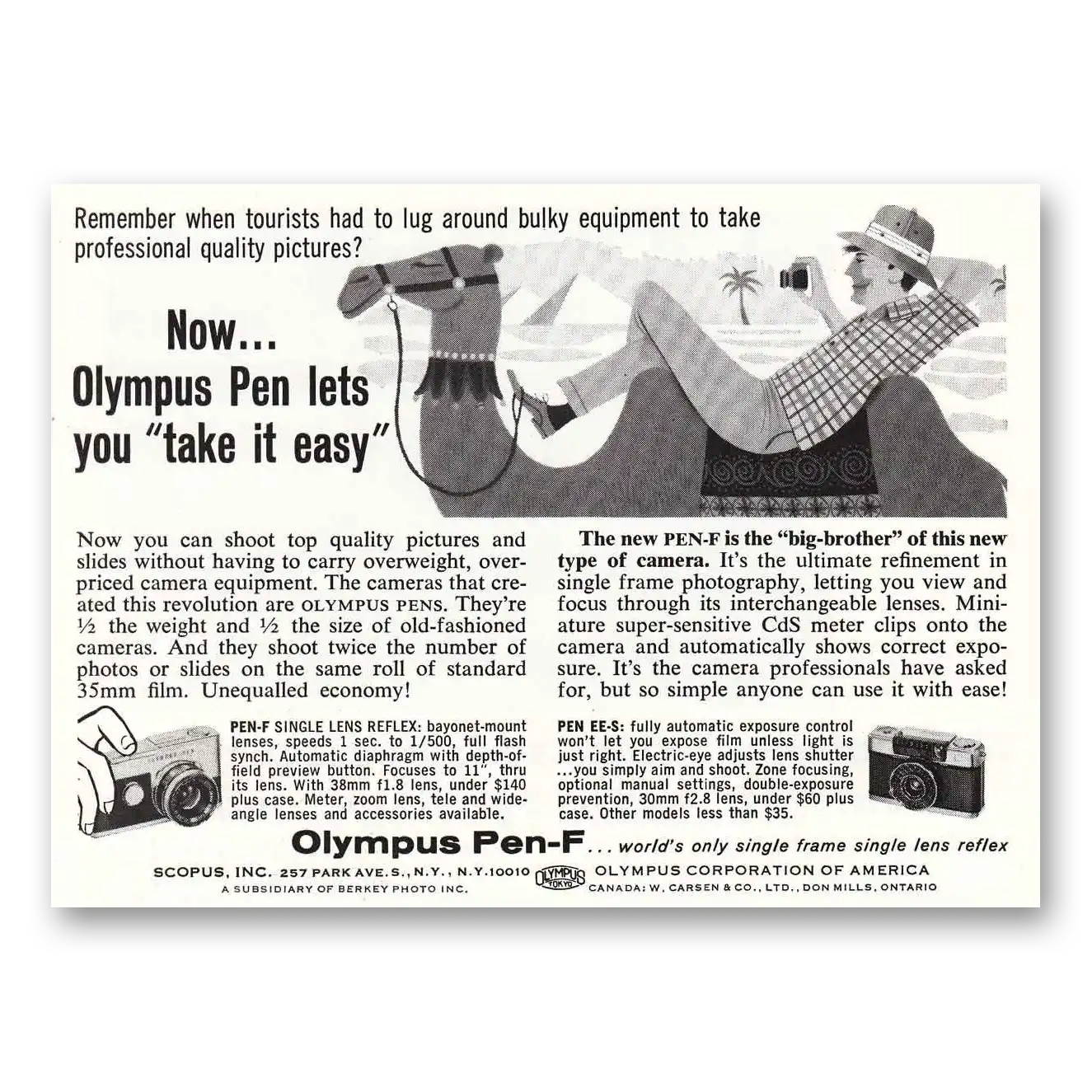 1964 Olympus Pen F Camera Camel Now Olympus Pen Lets You Take It Easy Vintage Magazine Print Ad