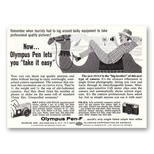 1964 Olympus Pen F Camera Camel Now Olympus Pen Lets You Take It Easy Vintage Magazine Print Ad