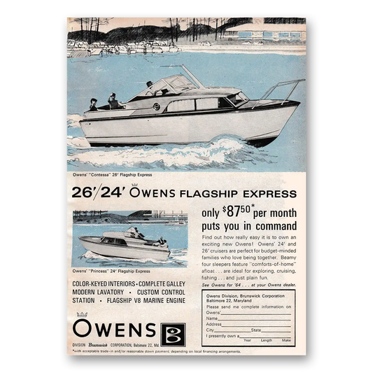 1964 Owens Yacht Company Flagship Express 24 and 26 Cruisers Vintage Magazine Print Ad