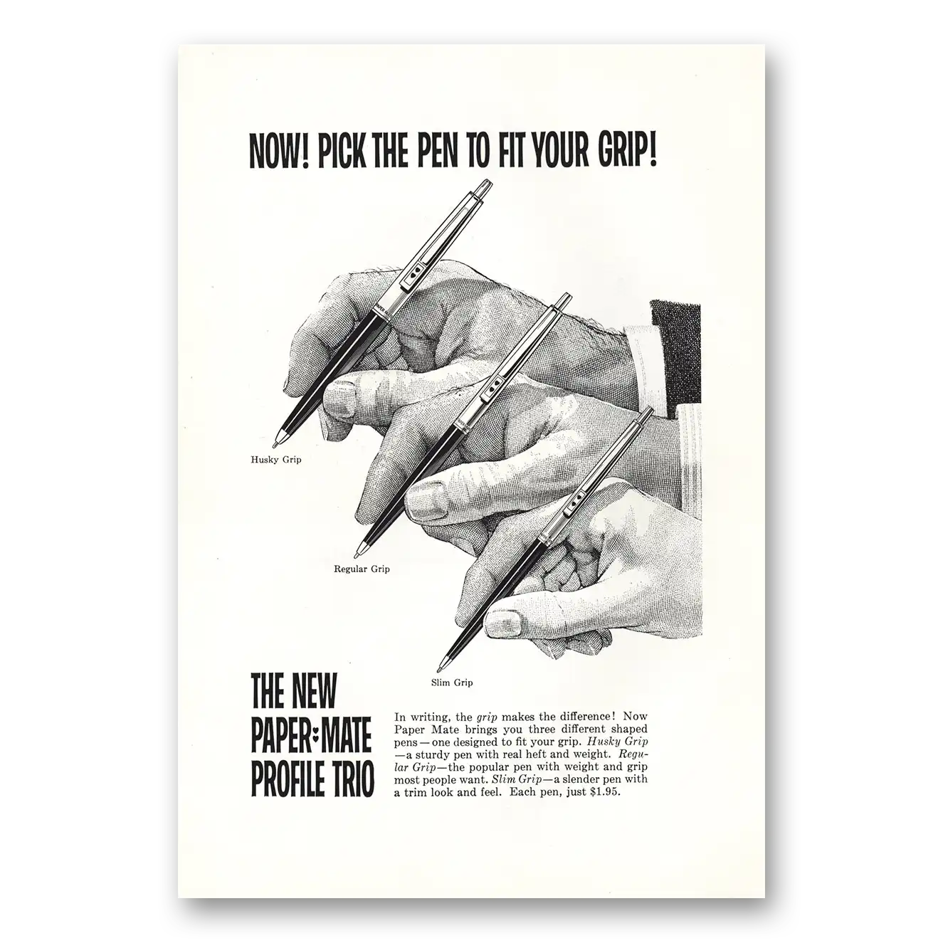 1964 Paper Mate Husky Regular Slim Grip Vintage Magazine Print Ad