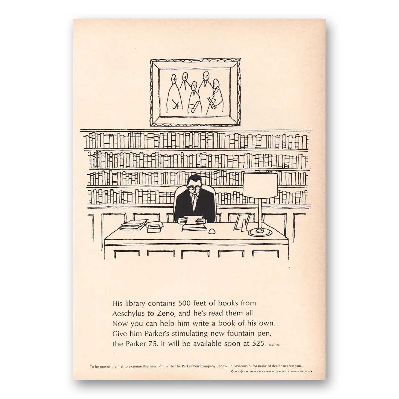 1964 Parker Pens Library Contains 500 Feet of Books Vintage Magazine Print Ad