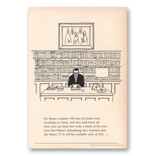 1964 Parker Pens Library Contains 500 Feet of Books Vintage Magazine Print Ad