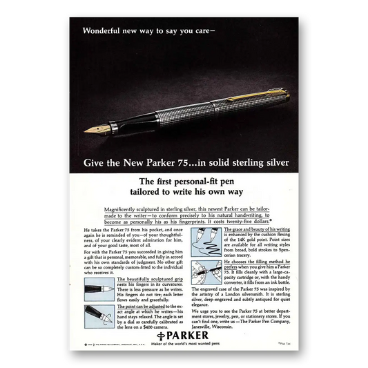 1964 Parker 75 Pen First Personal Fit Pen Vintage Magazine Print Ad