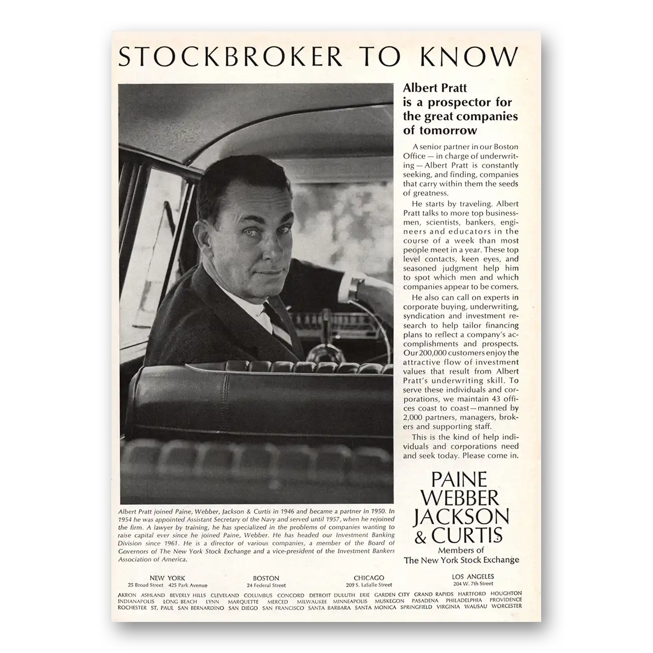 1964 Paine Webber Jackson Curtis Stockbroker to Know Vintage Magazine Print Ad