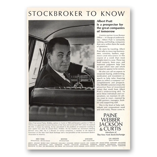 1964 Paine Webber Jackson Curtis Stockbroker to Know Vintage Magazine Print Ad