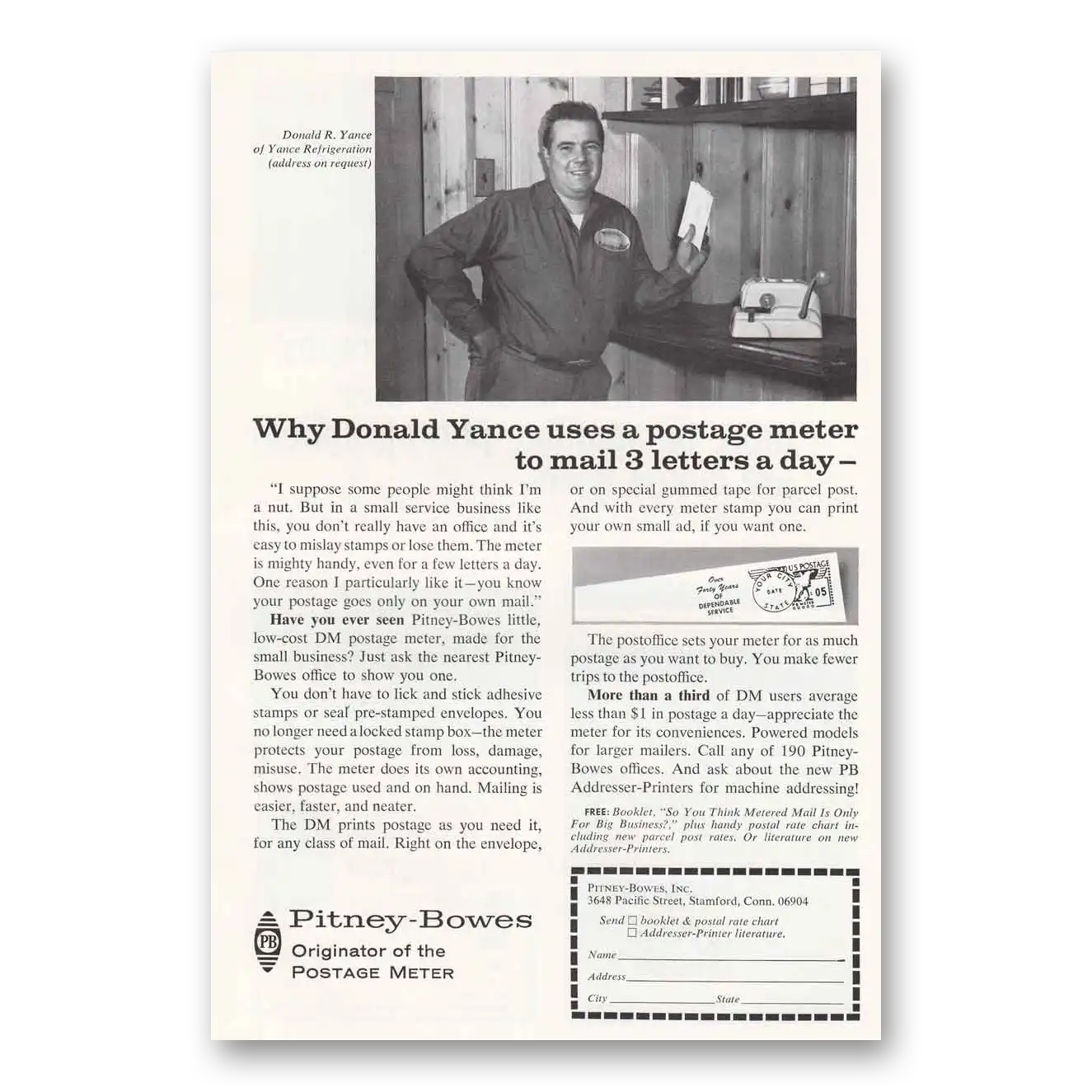 1964 Pitney Bowes Postage Meter Donald Yance Vintage Magazine Print Ad