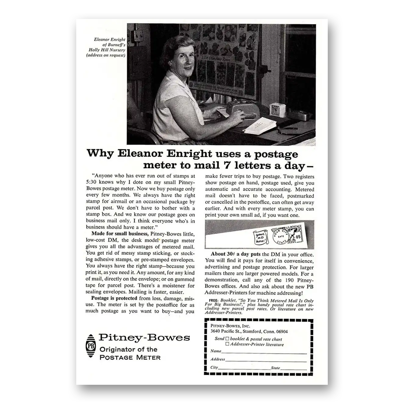 1964 Pitney Bowes Postage Meter Eleanor Enright Uses Postage Meter Vintage Magazine Print Ad