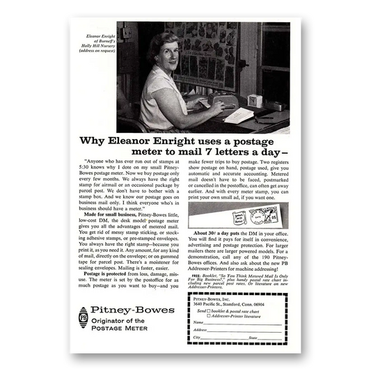 1964 Pitney Bowes Postage Meter Eleanor Enright Uses Postage Meter Vintage Magazine Print Ad