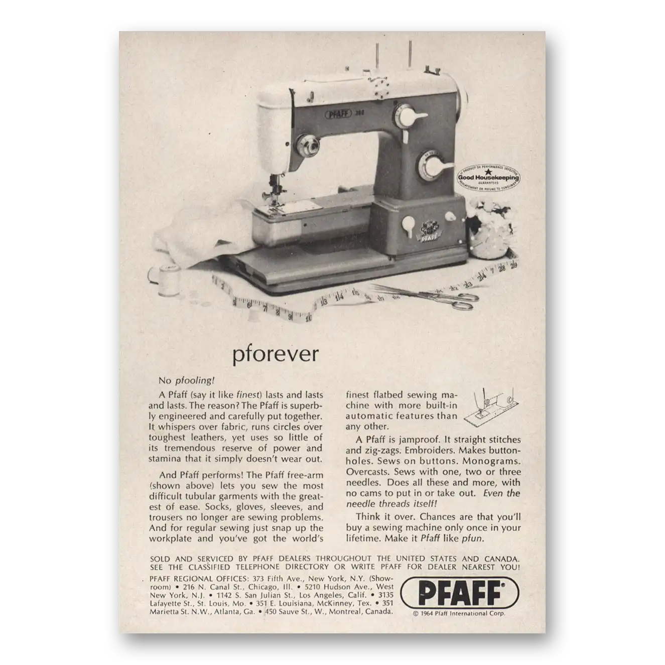 1964 Pfaff Sewing Machines pforever No pfooling Vintage Magazine Print Ad