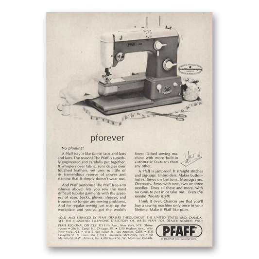 1964 Pfaff Sewing Machines pforever No pfooling Vintage Magazine Print Ad