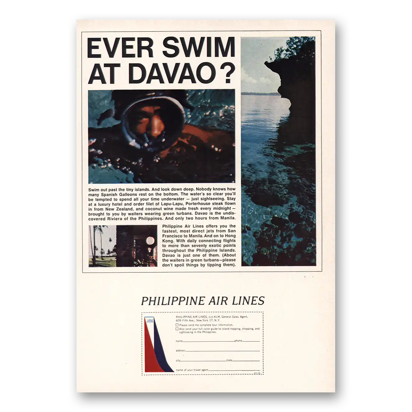 1964 Philippine Airlines Swim at Davao Vintage Magazine Print Ad