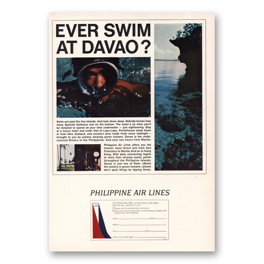 1964 Philippine Airlines Swim at Davao Vintage Magazine Print Ad