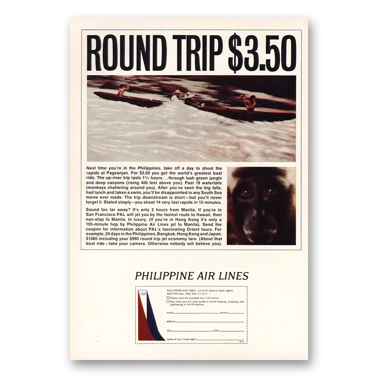 1964 Philippine Airlines Round Trip Vintage Magazine Print Ad