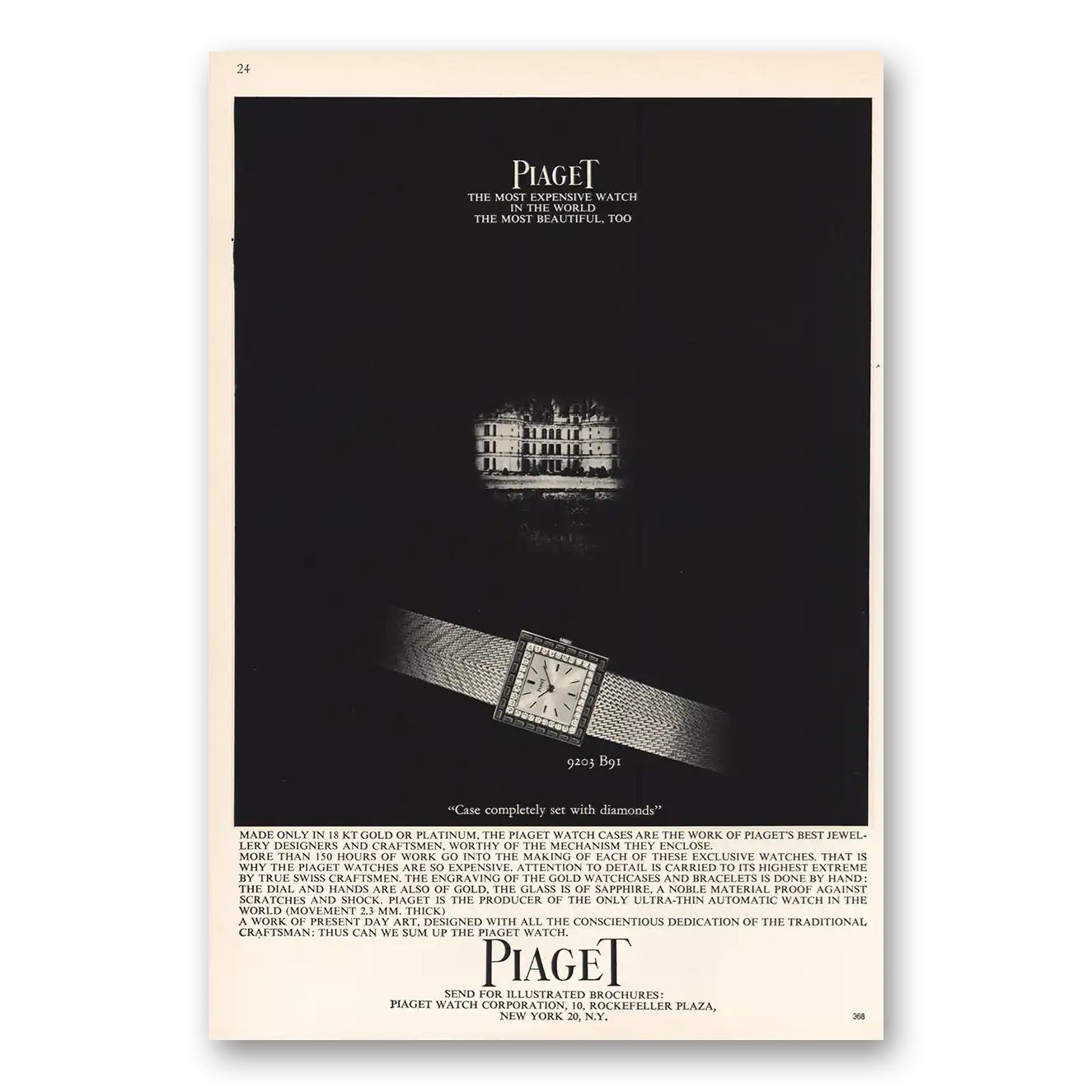 1964 Piaget Watches Case Completely Set With Diamonds Vintage Magazine Print Ad