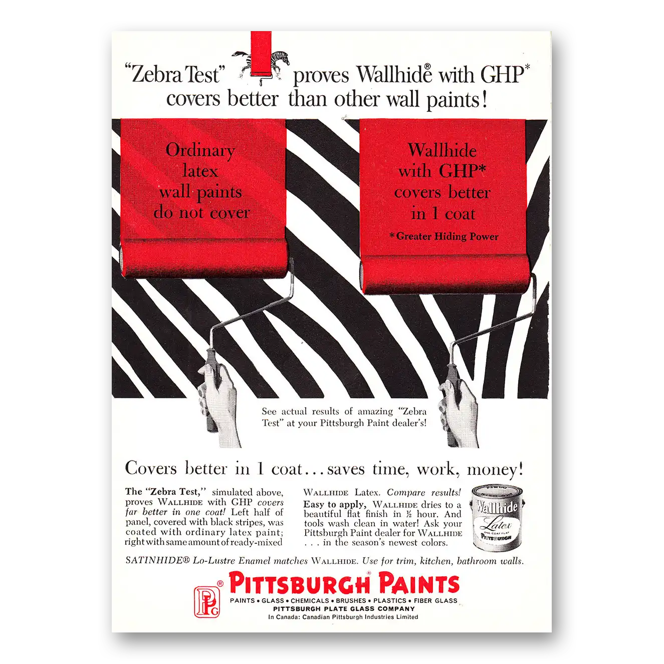 1964 Pittsburgh Paints Zebra Test Proves Wallhide with GP Covers Vintage Magazine Print Ad