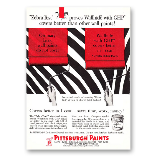 1964 Pittsburgh Paints Zebra Test Proves Wallhide with GP Covers Vintage Magazine Print Ad